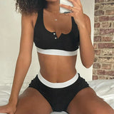 Mojoyce Women Contrast Seamless Bra Set Homewear Button Up Cropped Top and Tight Shorts Fitness Sporty Two Piece Loungewear