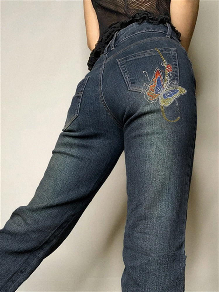 Mojoyce Retro Butterfly Print Y2K Denim Jeans Low Waisted Grunge Vintage Cargo Trousers Fairycore Harajuku Fashion Pants Cuteandpsycho