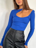 Mojoyce Women Ribbed Cutout Bodysuit Female Basic Sexy  Asymmetrical Bodycon Top Casual Long Sleeve Fashion Slim T Shirts