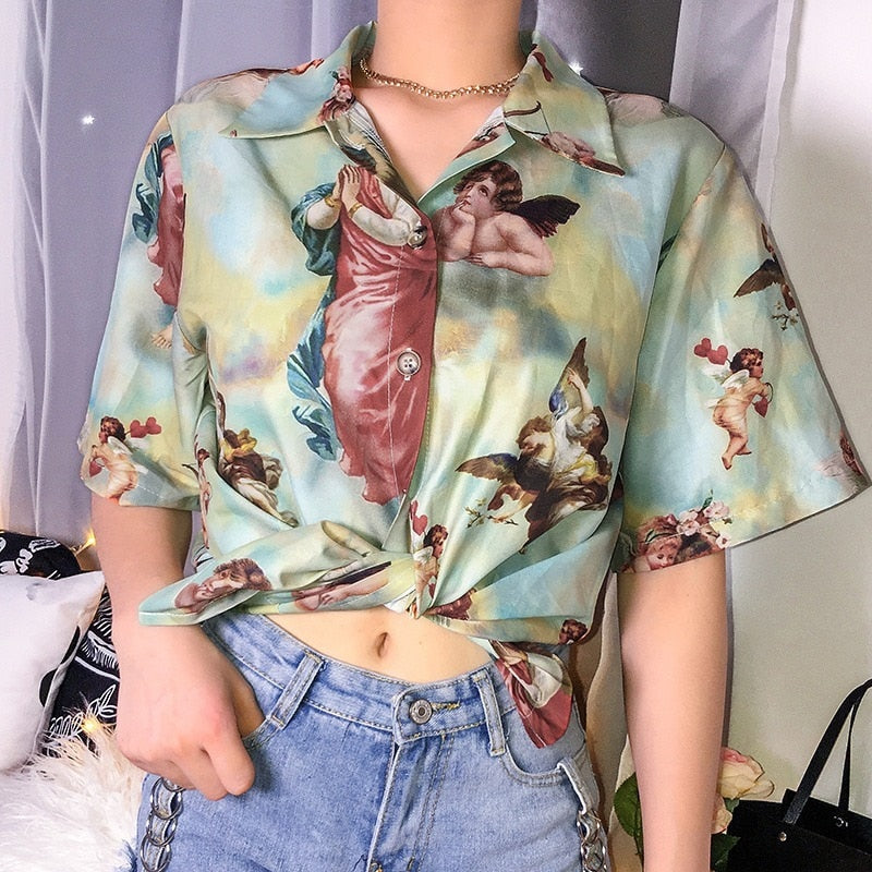 Mojoyce  Deeptown Harajuku Angel Graphic Tee Vintage T Shirt Women Hawaii Ladies Tops Streetwear Roupas Femininas Blouse Summer Clothing