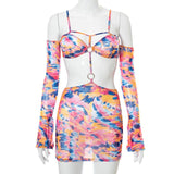 Mojoyce Sexy Bodycon Mini Dress Women Hollow Out Tie Dye Mesh Summer Dresses Off Shoulder Backless Beachwear Strapless