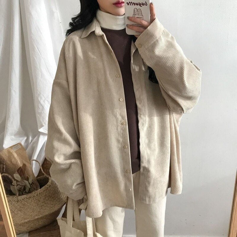 Mojoyce  Deeptown Vintage Corduroy Women Blouses Casual Oversized Harajuku Basic Chic Fashion Long Sleeve Shirt Retro Coat Female Jackets