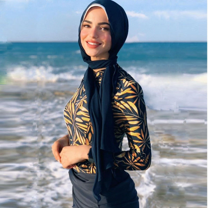 Mojoyce Muslim Swimwear Women Modest Patchwork Hijab Long Sleeves Sport Swimsuit 3pcs Islamic Burkinis Wear Bathing Suit
