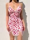 Mojoyce Y2K V Neck Heart Printed Lace Up Women's Summer Dress Fashion Aesthetic Bodycon Sundress Split Dress Sweet Cute