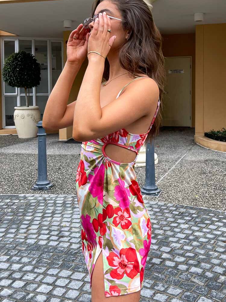 Mojoyce Women Sundress Summer Floral Print Sleeveless Spaghetti Strap Hollow Out  Bodycon Dress for Beach Holiday Dresses 2023