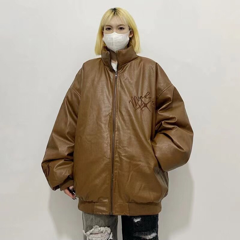 Mojoyce Winter Padded Leather Parka Woman Retro Hip Hop Letter Print Streetwear Loose PU Jackets Women Harajuku Casual Motorcycle Coats