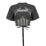 Mojoyce Darlingaga Streetwear Punk Style Patchwork Print Black T-Shirt Women Cropped Corset Top Transparent Summer T-Shirts Gothic Tees