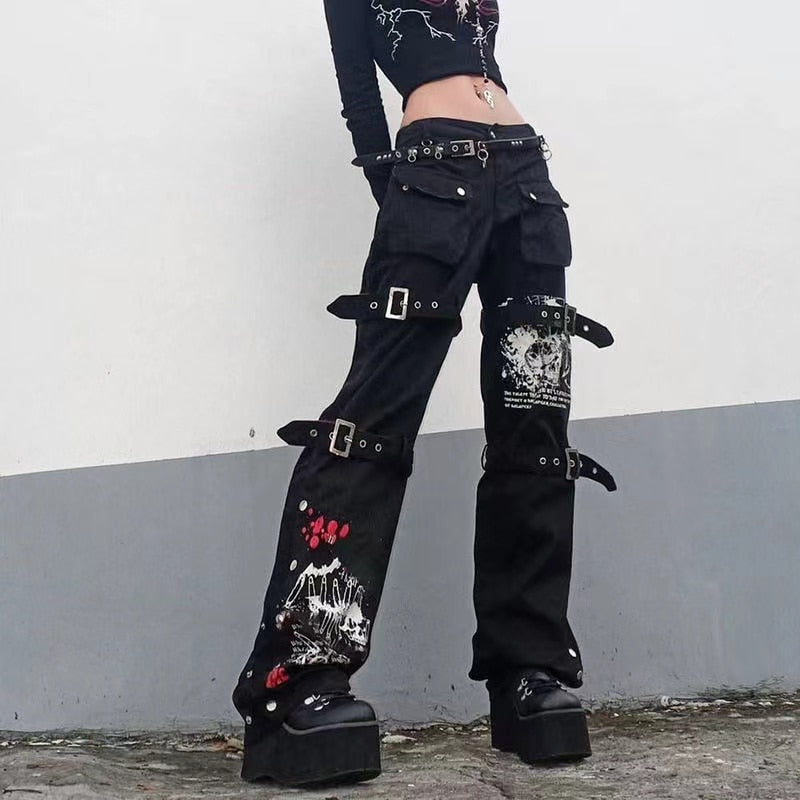 Mojoyce Gothic Bandage Women Baggy Jeans Punk Style Egirl Black  Denim Trousers Y2K Dark Academia Hight Waist High Street Pants