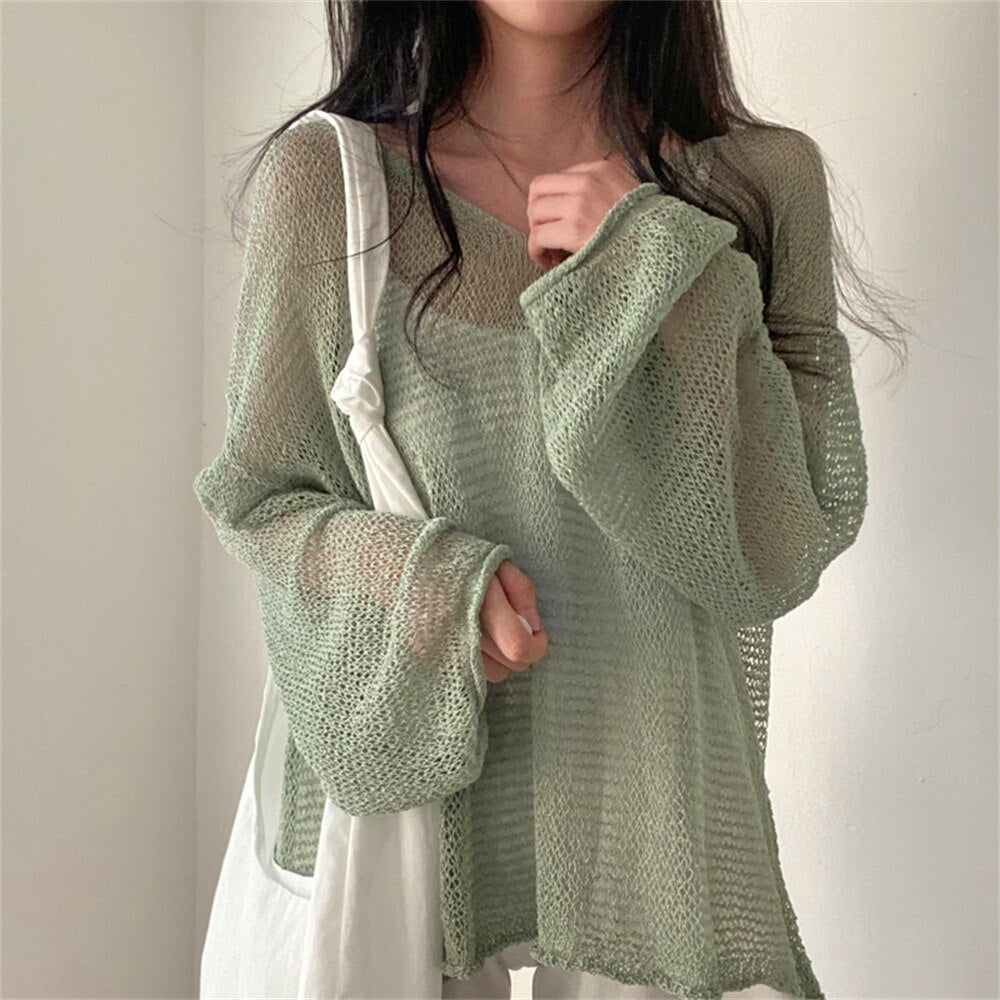 Mojoyce Lazy Style Full Sleeves Solid Jumpers Tops Hollow Out Women Fashion Casual Streetwear Chic Femme Sweaters Y2K Pullovers