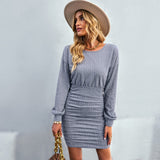 Mojoyce Knitted Dress 2023 New Women Winter O Neck Long Sleeve Solid Color High Waist Thin One-Step Dresses For Fashion