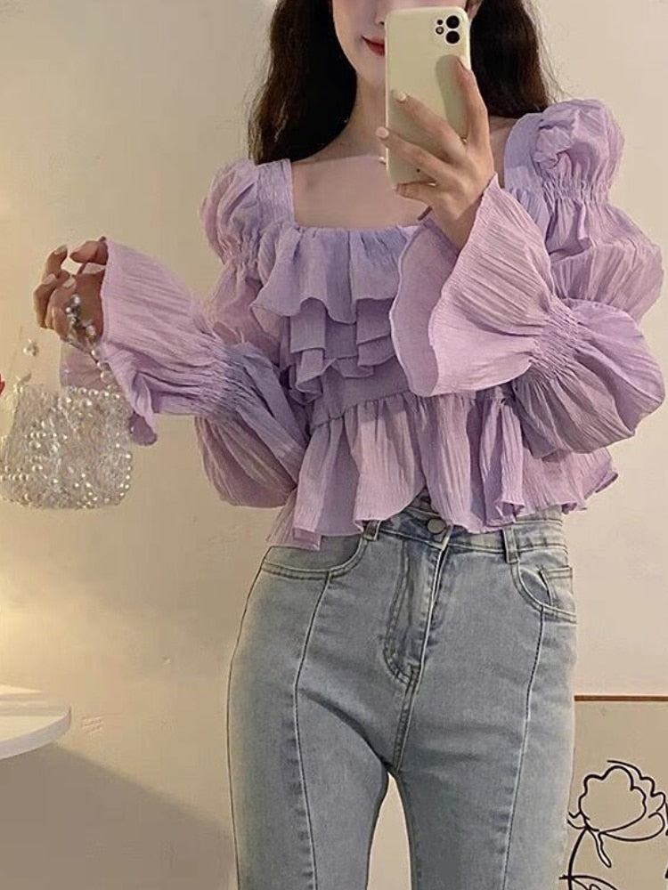 Mojoyce 2023 Elegant Pure Color Blouse Women Sweet Party Y2k Crop Top Office Lady Casual Long Sleeve T-shirt Fall Blouse