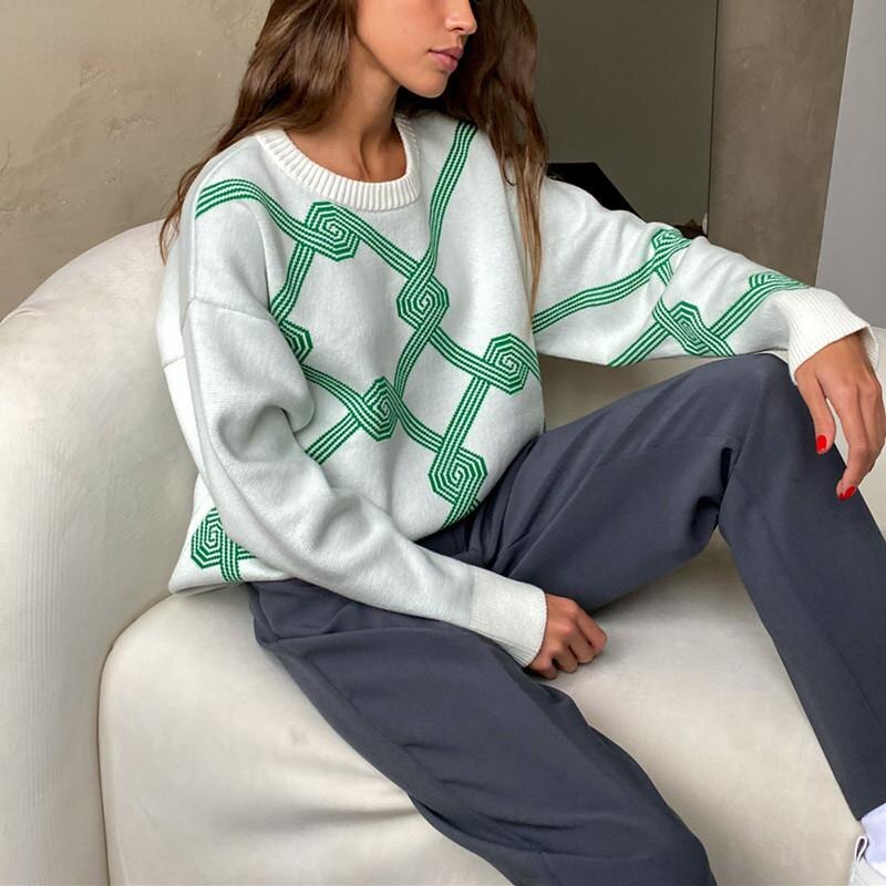Mojoyce Casual Big Checkered Knitted Print Sweater Pullovers For Women 2022 New Spring Female Fashion O Neck Geometric Jacquard Jumpers
