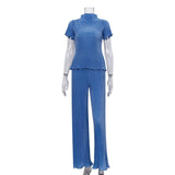 Mojoyce 2023 New French Pleated Women's Set Slim T-Shirt High Waist Wide Leg Pants Set Ladies Blue Elegant Suit Casual Summer