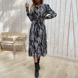 Mojoyce New Spring Fashion Women's New Long Sleeve Print Polo Collar Print Dress For Ladies High Waist Lace Up Dresses