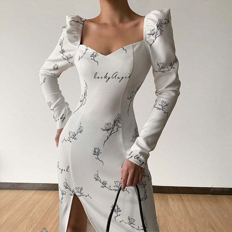 Mojoyce Sexy Square Collar High Waist Split Sexy White Dress Spring Puff Sleeve Elegant Printing Party Dresses For Women 2022