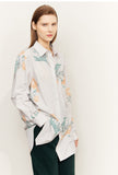 Christmas Gift Mojoyce Women Shirt 2022 Autumn 100% Cotton Striped Design Splicing Floral Mid-Length All-Match Fashion Shirts