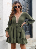 Women 2022 Fall Winter New Elegant Lace V Neck Long Sleeve Solid Color Ruffle Dress For Ladies Causal Lace Chic Dresses