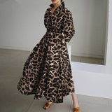 Mojoyce Elegant Women Leopard Maxi Dresses 2023 Autumn Long Sleeve Shirt Dress Preppy Style Ladies Cotton Linen Long Dress Fall Dress