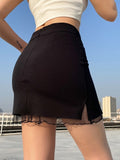 Mojoyce Korean Fashion Frill Mesh Patchwork Black Mini Skirt Summer Solid Split Casual Bodycon Women's Skirts Short Cute 2023