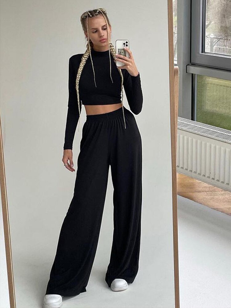 Mojoyce Autumn Winter Women Solid Casual Fitness Tracksuit Set Outfits Long Sleeve Crop Tops Trouser Flare Pants 2 Two Piece Set