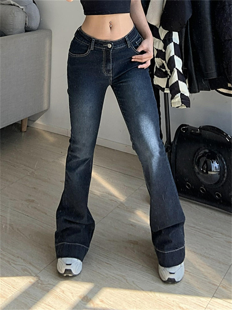 Mojoyce Low Waisted Y2K Flare Jeans Aesthetic Retro 2000s Cute Denim Sweatpants Streetwear Fashion Harajuku Casual Capris