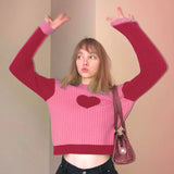 Mojoyce Heart-Shaped Female Knitted Sweater Contrast Spliced Pullover Crop Tops Korean Fashion Streetwear Sweet Outfit Cuteandpsycho