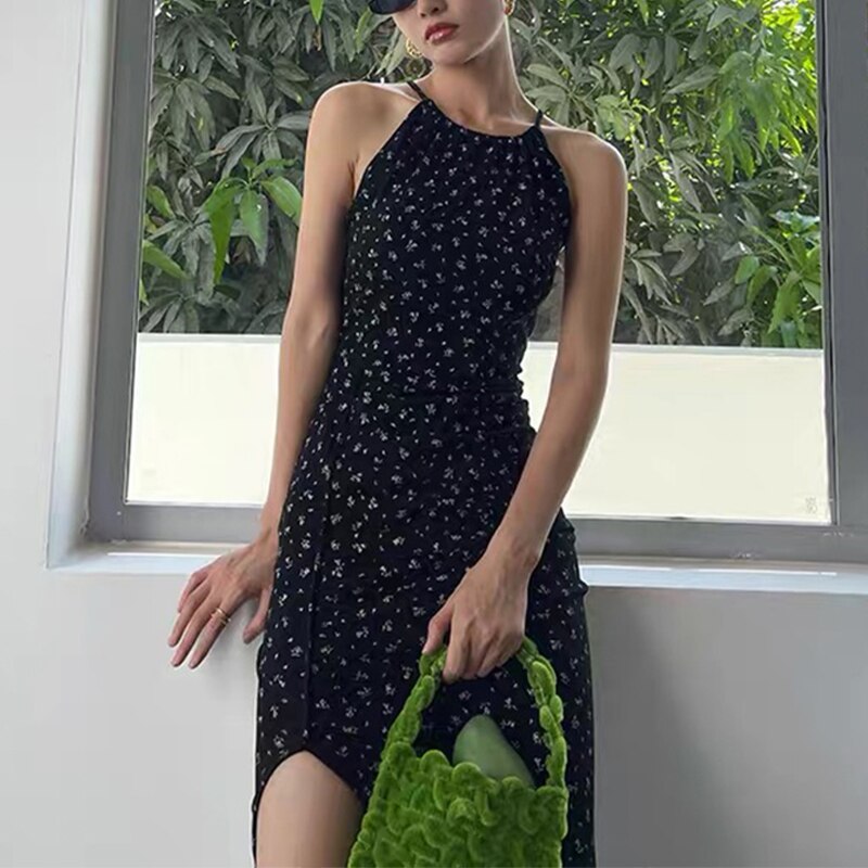 Mojoyce Elegant Women Halter Neck Dress Charming Floral Print Sleeveless A-Line Dress With Side Slits For Summer Casual Outfits Party