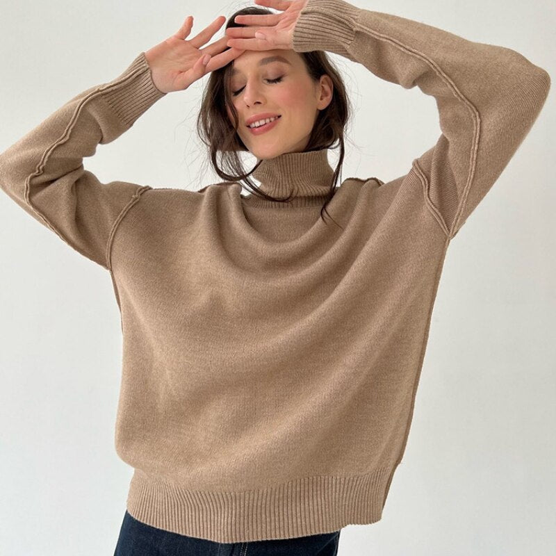 Mojoyce Turtleneck Kintted Sweater Women Pullovers Autumn Winter Warm Thick Jumpers Black Khaki Crochet Y2k Long Sleeve Jumper Cardigan