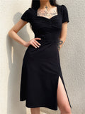 Mojoyce  Square Neck Elegant Ruched Black Dress Side Split Short Sleeve Casual Dress Female Gothic Summer Dresses Sundress New