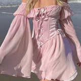 Mojoyce  Women BOHO Chiffon Off Shoulder Mini Irregular Lace-Up Long Puff Sleeve Bell Sleeve A-Line Dress +Corset (Separately)