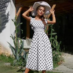 Mojoyce Elegant Polka Dot Print O-neck Women Dress Summer 2023 Casual High Waist Bat Sleeve Dresses A-line Office Lady Vestidos