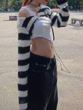Mojoyce Heyoungirl Black White Stripe Cropped T Shirt Y2K Harajuku Knit Long Sleeve Tops Gothic Punk Girl Cardigan Tee Street Outfits
