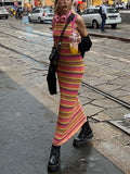 Mojoyce Jacqueline 2022 Y2k Beach Stripe Mulit Midi Dress Women Sleeveless Knitted Bodycon Tank Dresses Party Street Fashion Summer