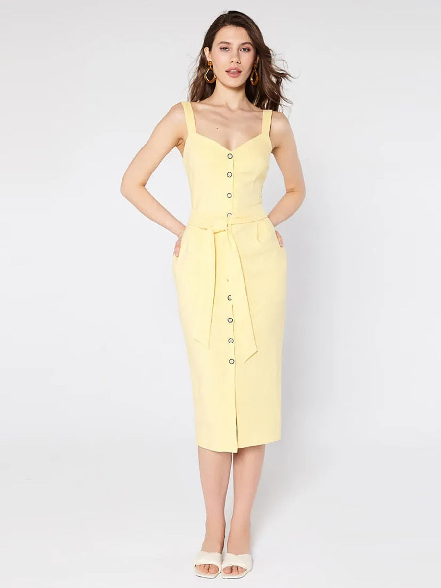 Mojoyce Churses Casual V Neck Sashes Single-Breasted Summer Dress High Waist Backless Vintage Beach Style Slip Dresses For Women 2022