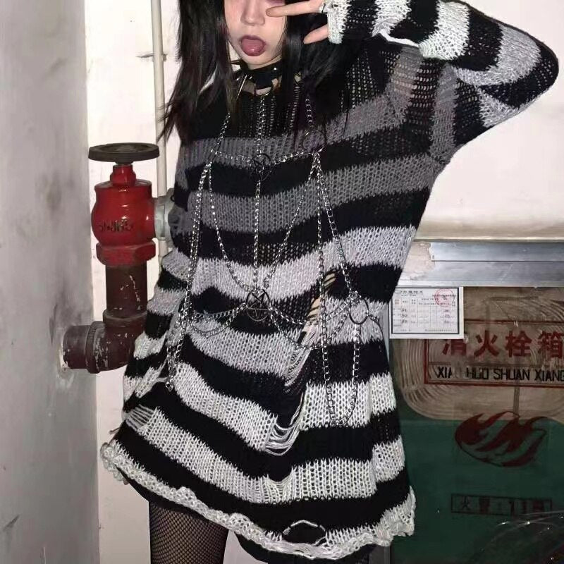 Mojoyce Gothic Sweater Women Knitted Grunge Striped Pullovers Punk Hollow Out Loose Jumper  Alternative Clothing Emo Long Sleeve Y2k Top