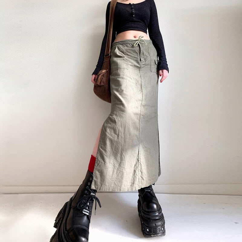Mojoyce Khaki Casual Long Cargo Skirts Women 2022 Harajuku Jupe Longue Vintage Baggy Streetwear Outfits Split Fashion Low Waist Skirt
