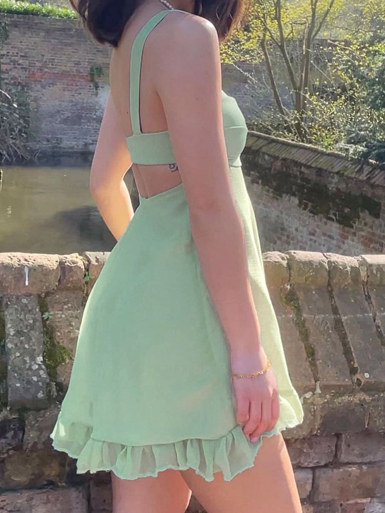 Mojoyce Green Sweet Female Short Dress Chic Aesthetic Y2K Cute Sleeveless Summer Dresses Hollow Backless Ruffles Dress