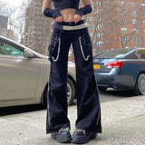 Mojoyce Pockets Straight Pants Y2K Hot Girl Punk Chain Pants Black Baggy Cargo Woman Jeans Gothic Clothes Eyelet Buckle Hippie Trousers