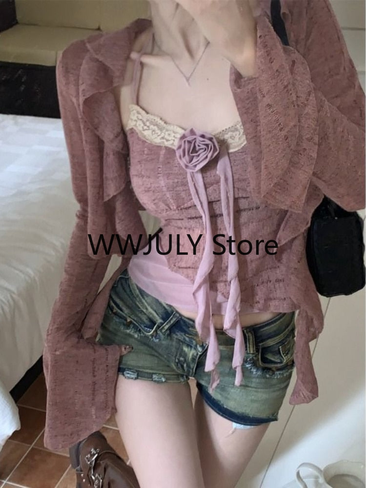 Mojoyce Autumn 2023 Pink Elegant 2 Piece Set Office Lacy Lace Strap Tops Casual Cardigan Back to School Outfits