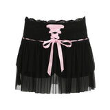 Mojoyce Ribbon Lace-up Mesh Short Skirt Fairycore Girly Low Waist Cute Black Mini Skirts Ballet Style Y2K Women Korean Outfit
