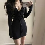 Mojoyce Bodycon Knitted Mini Dress Women Black Long Sleeve Dresses V-Neck Spring Autumn Korean Fashion Club Female Robe