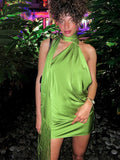 Mojoyce Jacqueline 2022 Green Backless Mini Bodycon Satin Women Dress Club Prom Elegant Sleeveless Halter Sexy Dresses Tassel Summer