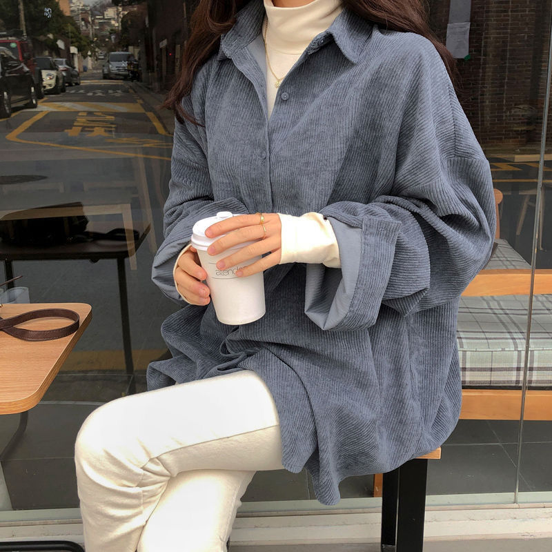 Mojoyce  Deeptown Vintage Corduroy Women Blouses Casual Oversized Harajuku Basic Chic Fashion Long Sleeve Shirt Retro Coat Female Jackets