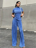 Mojoyce 2023 New French Pleated Women's Set Slim T-Shirt High Waist Wide Leg Pants Set Ladies Blue Elegant Suit Casual Summer