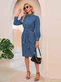 Mojoyce 2023 New Women Autumn Winter Stand Collar Long Sleeve Denim Dress For Ladies Retro Solid Color Casual All Match Dresses