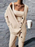 Mojoyce Women Solid Knitted 3 Pices Set Cardigan Tops Tank Top And Casual Loose Long Pants Chic Suit Tracksuit 2022 Fall Winter
