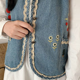 Mojoyce-A niche outfit for spring and autumn, Y2K outfit,Graduation gift,Mori Girl Embroidery Denim Waistcoat