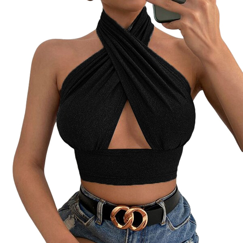 Mojoyce Women Summer Tank Tops Sexy Solid Color Cross Halter Neck Push Up Hollow Crop Tops 2022 New Fashion