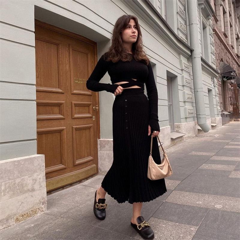 Mojoyce New White Knit Two Piece Women Sets Fall Ribbed Crop Top And Pleated Knitted Skirt Suits For Women Midi Dress Sets 2022
