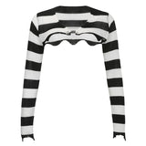 Mojoyce Heyoungirl Black White Stripe Cropped T Shirt Y2K Harajuku Knit Long Sleeve Tops Gothic Punk Girl Cardigan Tee Street Outfits